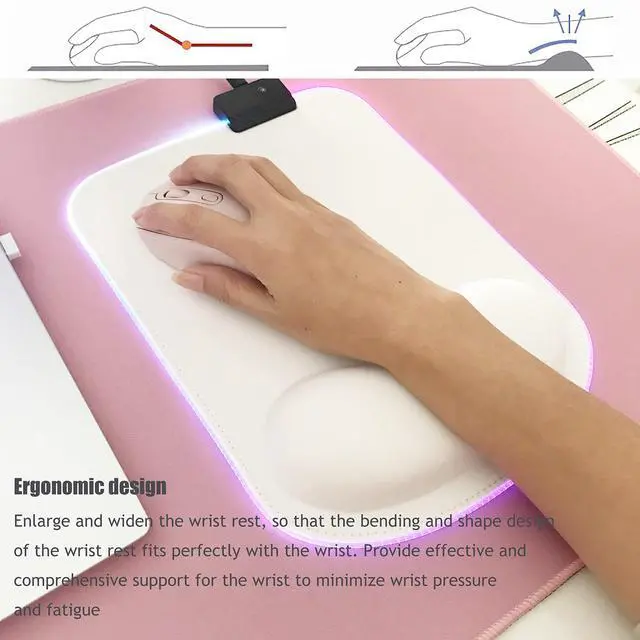 Alt view image 4 of 7 - RGB LED Wrist Support Mouse Pad with 13 Lighting Modes, Anti-Slip Rubber Base, Pain Relief Ergonomic Gaming/Office/Home Mouse Pad, 11.8 x 8.5 in (White)