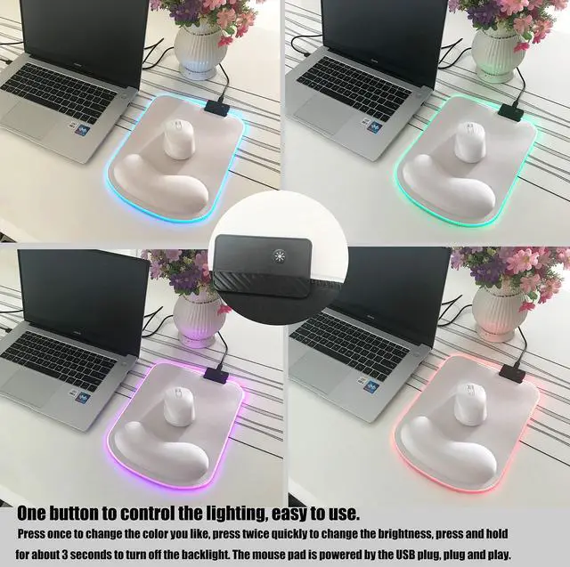 Alt view image 3 of 7 - RGB LED Wrist Support Mouse Pad with 13 Lighting Modes, Anti-Slip Rubber Base, Pain Relief Ergonomic Gaming/Office/Home Mouse Pad, 11.8 x 8.5 in (White)