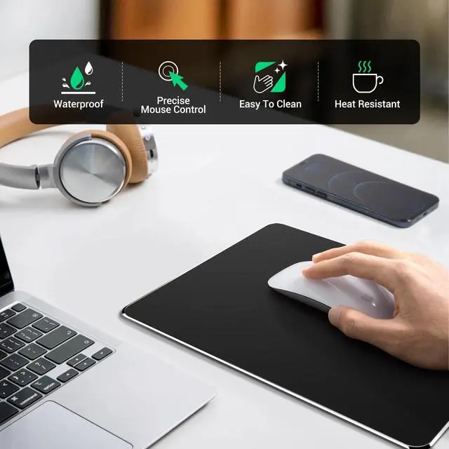 Alt view image 5 of 7 - Hard Metal Mouse Pad for Desk, Aluminum Solid Mouse Pad for Magic Mouse and Pro/Air with Stable Rubber Base, Firm Mousepad for Travel and Home Office (Black)