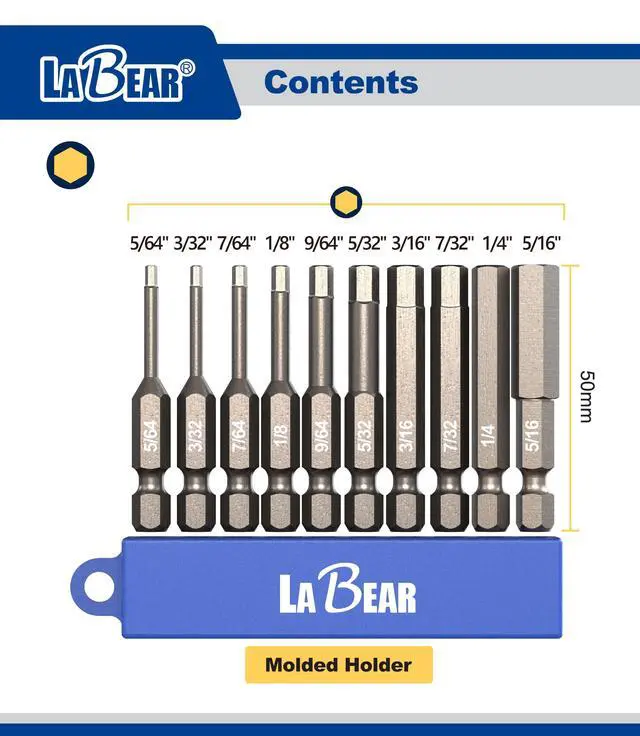 Alt view image 2 of 5 - 10-Piece SAE Allen Wrench Drill Bit Set, 2-Inch S2 Steel Hex Bits