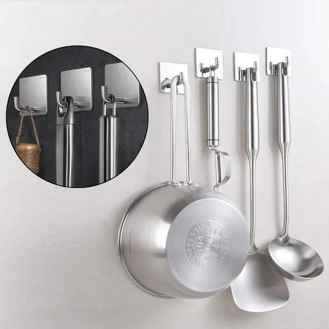 Alt view image 3 of 7 - 4 Pack Adhesive Wall Hooks, Stainless Steel Heavy Duty Hooks