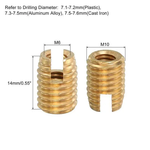 Alt view image 2 of 6 - Self Tapping Threaded Inserts, 10pcs M6-1 Female to M10-1.5 Male Brass Slotted Thread Repair Inserts Nuts, 14mm Long