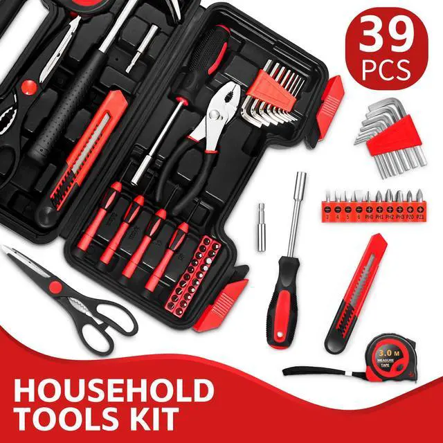 Alt view image 2 of 7 - 39-Piece Basic Household Tool Set, Red Hand Kit With Storage Case