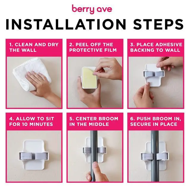 Alt view image 6 of 7 - Combo 5 Slot Broom Holder w/ 1 Self Adhesive Mop Gripper No-Drilling, Wall Mount Tool Organizers For Kitchen, Garage, Laundry Room- Anti-Slip Hanger For Brooms, Mops, Rakes, Dustpans (Grey / White)