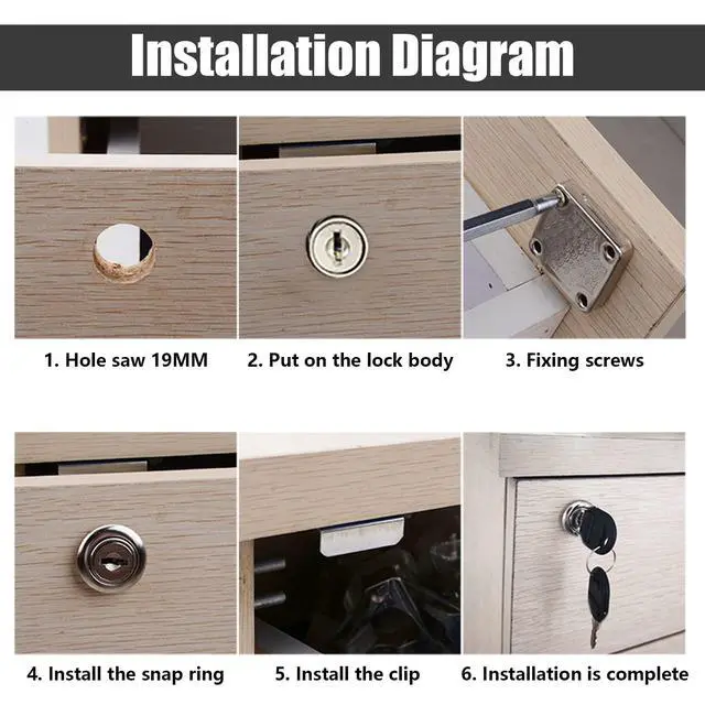 Alt view image 5 of 7 - 2 PCS Cylinder Cupboard Drawer Lock With Keys (0.75inch/19MM Opening Diameter), Furniture Hardware Lock for Cabinet, Household Office Mailbox (Black)