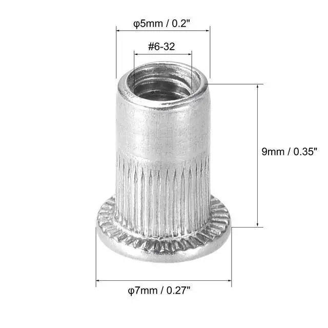 Alt view image 2 of 5 - #6-32 Rivet Nuts Aluminium Alloy Knurled Flat Head Threaded Insert Nut Silver 25pcs
