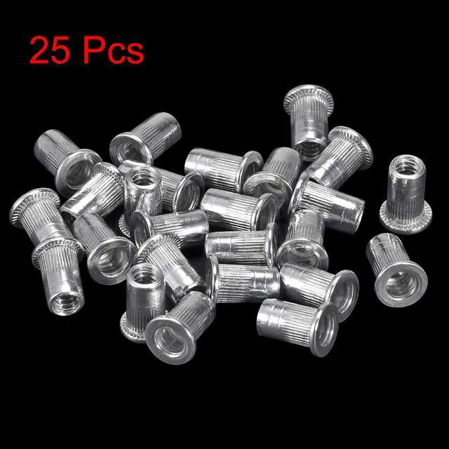 Alt view image 3 of 5 - #6-32 Rivet Nuts Aluminium Alloy Knurled Flat Head Threaded Insert Nut Silver 25pcs