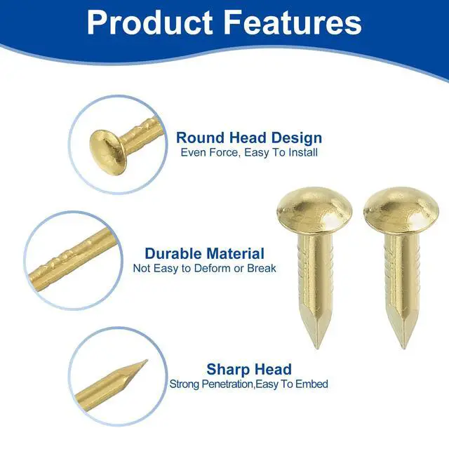 Alt view image 4 of 6 - 200Pcs Small Hardware Nails, 2.8 x 15mm Brass Round Head Nail Common Finishing Nail for Household Woodworking Picture Hanging DIY Projects, Gold