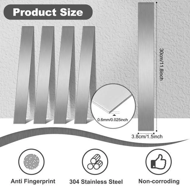 Alt view image 2 of 6 - 10 Pcs 304 Stainless Steel Strips Brushed Strip Metal Strip Trim Strip Finishing Shim Sheet Filler Stock Gap 0.02'' Thickness,12'' Length for Kitchen DIY Craft(1.5" Width,Self-Adhesive)
