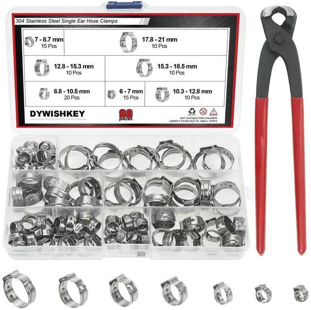 Main image of 304 Stainless Steel Single Ear Hose Clamps with Pincers Kit (90 PCS)