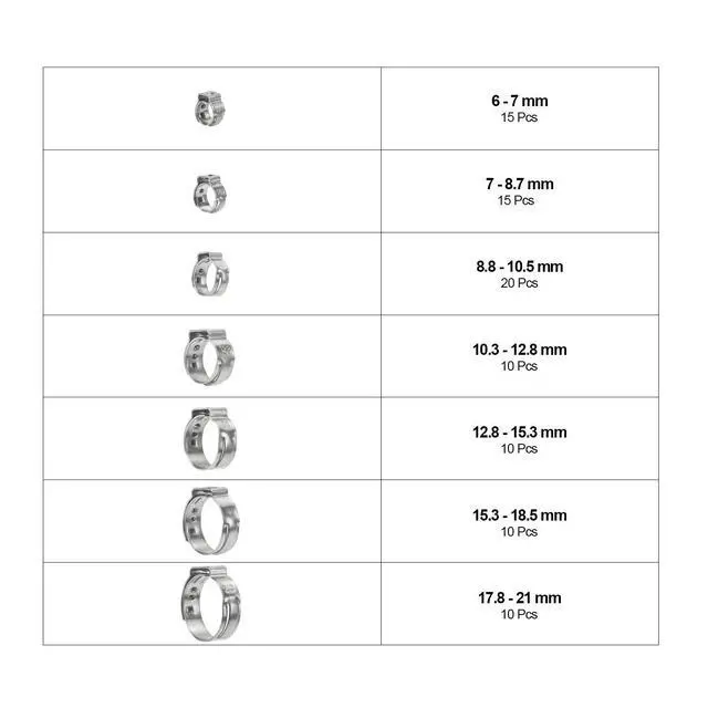 Alt view image 3 of 7 - 304 Stainless Steel Single Ear Hose Clamps with Pincers Kit (90 PCS)