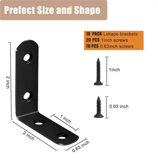Alt view image 3 of 6 - 18-Pack L Shape Corner Brackets, Stainless Steel Metal Angle Braces for Wood Furniture, Heavy Duty Black 2 inch Shelf Bracket with Long Screws for Household Project (L Shape Black)