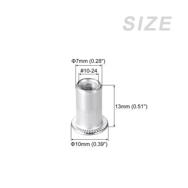 Alt view image 2 of 6 - Rivet Nuts (#10-24) 50Pcs, Aluminum Alloy Knurled Body Insert Nuts - for Furniture Mechanical Fastener, Silver Tone