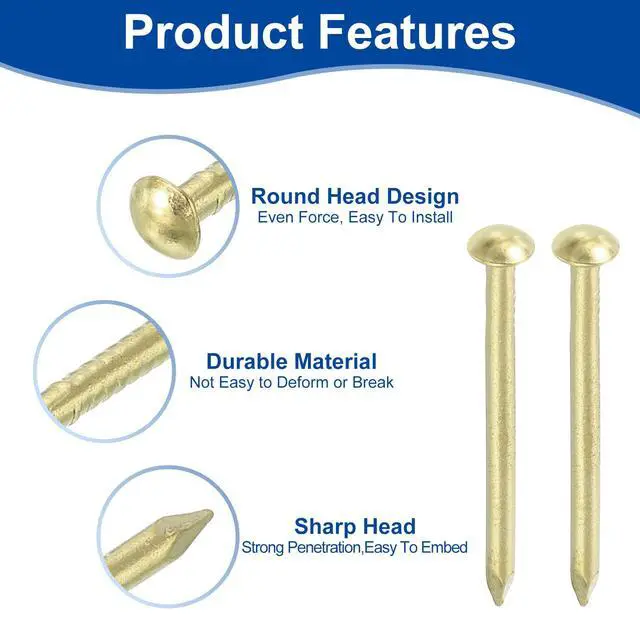 Alt view image 4 of 6 - 25Pcs Small Hardware Nails, 4D x 1-1/2" Brass Round Head Nail Common Finishing Nail for Household Woodworking Picture Hanging DIY Projects, Gold
