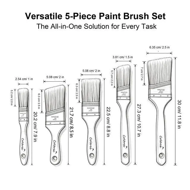 Alt view image 5 of 7 - Paint Brushes Set - 5 Pcs Flat & Angle Paintbrushes for Wall & Trim, Suitable for Oil & Water-Based Paints, Stains