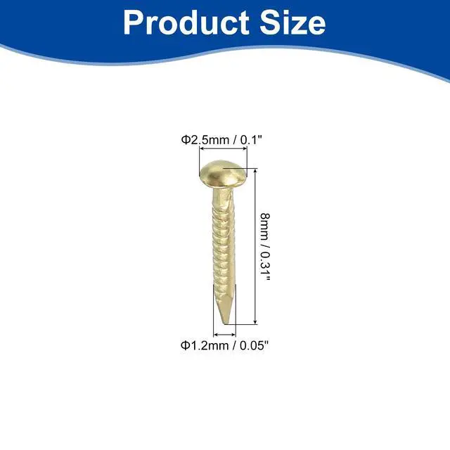 Alt view image 2 of 6 - 50Pcs Small Hardware Nails, 1.2 x 8mm Brass Round Head Nail Common Finishing Nail for Household Woodworking Picture Hanging DIY Projects, Gold