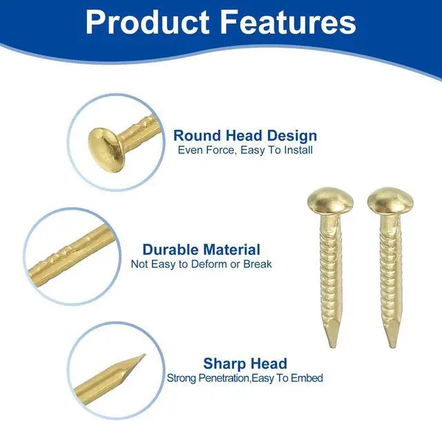 Alt view image 4 of 6 - 50Pcs Small Hardware Nails, 1.2 x 8mm Brass Round Head Nail Common Finishing Nail for Household Woodworking Picture Hanging DIY Projects, Gold