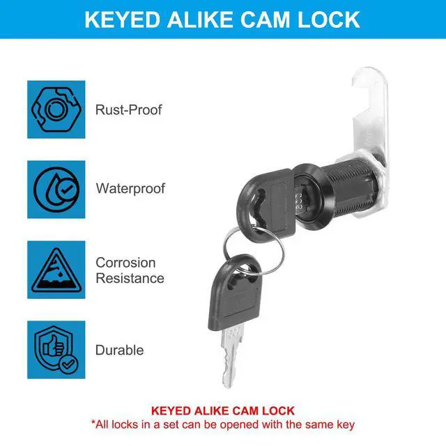 Alt view image 4 of 7 - Cabinet Lock with Keys 2 Pcs 5/8"(16mm) Cam Locks Zinc Alloy Tool Box Lock Replacement Keyed Alike for Drawer Cupboard Household Mailbox RV Door Lock, Black