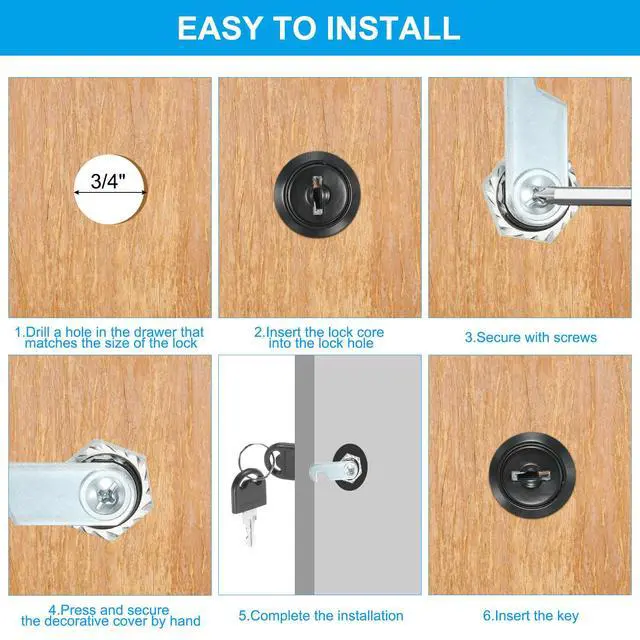 Alt view image 7 of 7 - Cabinet Lock with Keys 2 Pcs 5/8"(16mm) Cam Locks Zinc Alloy Tool Box Lock Replacement Keyed Alike for Drawer Cupboard Household Mailbox RV Door Lock, Black