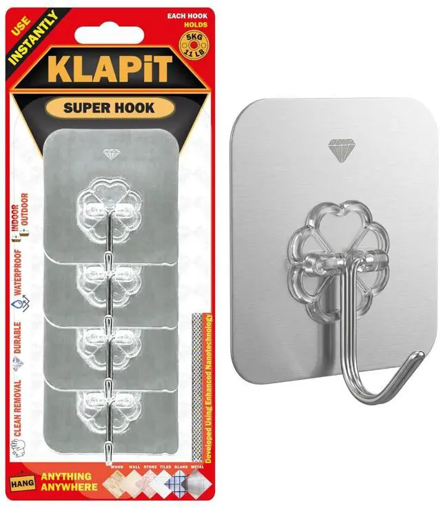 Main image of Super Hook - Heavy-Duty Adhesive Silver Wall Hooks, Holds Up to 11 lbs, Waterproof, No Damage, Easy Install on Tile, Wood, Stone, Glass & Metal - Made of Steel (Silver, 4pc)