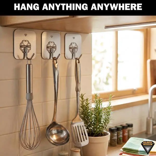 Alt view image 7 of 7 - Super Hook - Heavy-Duty Adhesive Silver Wall Hooks, Holds Up to 11 lbs, Waterproof, No Damage, Easy Install on Tile, Wood, Stone, Glass & Metal - Made of Steel (Silver, 4pc)