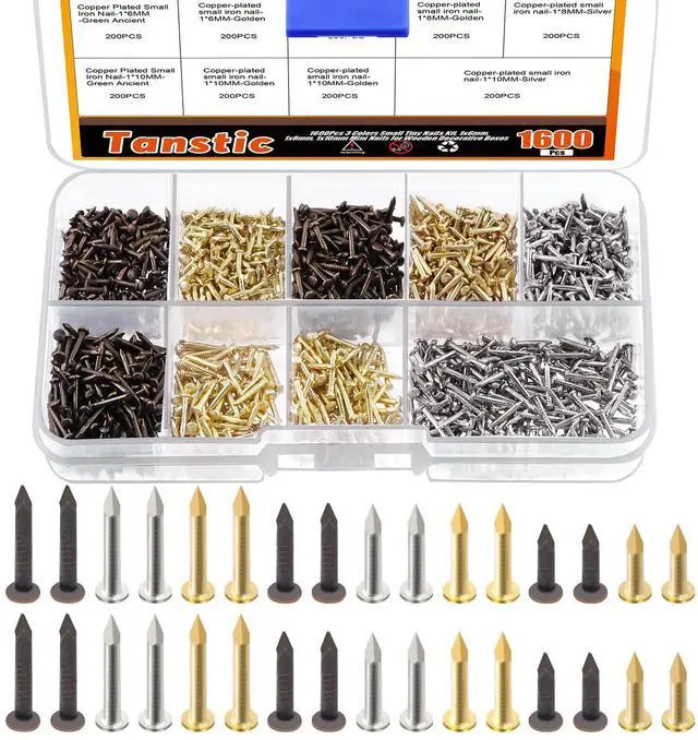 Main image of 1600Pcs Small Tiny Nails Kit, 6mm, 8mm, 10mm Tiny Wooden Nails for Wooden DIY Decorative Pictures Mini Boxes Household Accessories (Gold/Bronze/Silver)