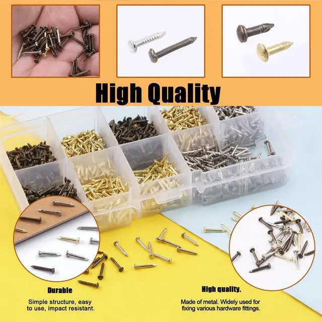 Alt view image 3 of 7 - 1600Pcs Small Tiny Nails Kit, 6mm, 8mm, 10mm Tiny Wooden Nails for Wooden DIY Decorative Pictures Mini Boxes Household Accessories (Gold/Bronze/Silver)