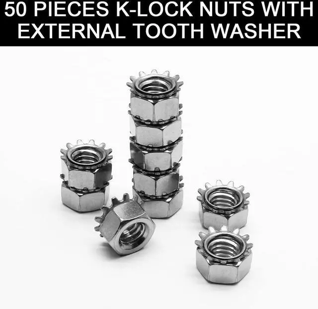 Alt view image 3 of 7 - 50 Pieces K-Lock Nuts with External Tooth Washer, 1/4" Stainless Steel Kep Lock Nut