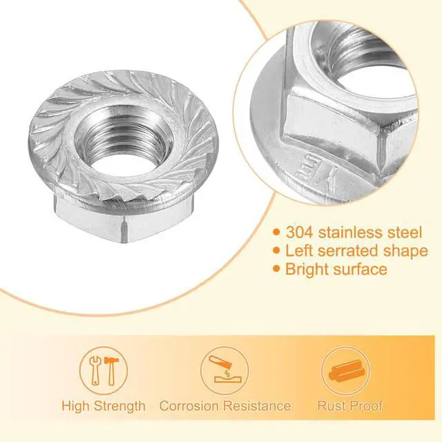 Alt view image 4 of 6 - Flange Left Hand Nuts, M8x1.25mm 304 Stainless Steel Serrated Flange Left Hand Reverse Nuts for Assembling and Fastening, Silver 5pcs