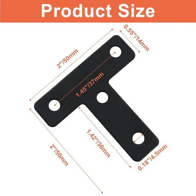 Alt view image 3 of 5 - T Shape Flat Mending Plates, 50 x 50mm (2" x 2"), Black