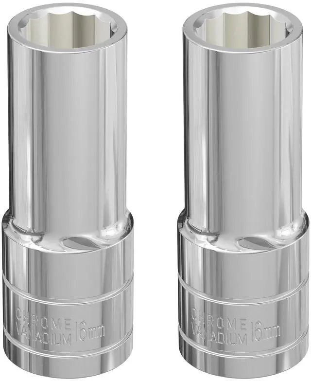 Main image of 2PCS 16mm(5/8") Deep Socket, 1/2-Inch Drive, 12-Point, Metric, Heat Treated CR-V Steel Sockets, Full Polishing, 3.1" Length