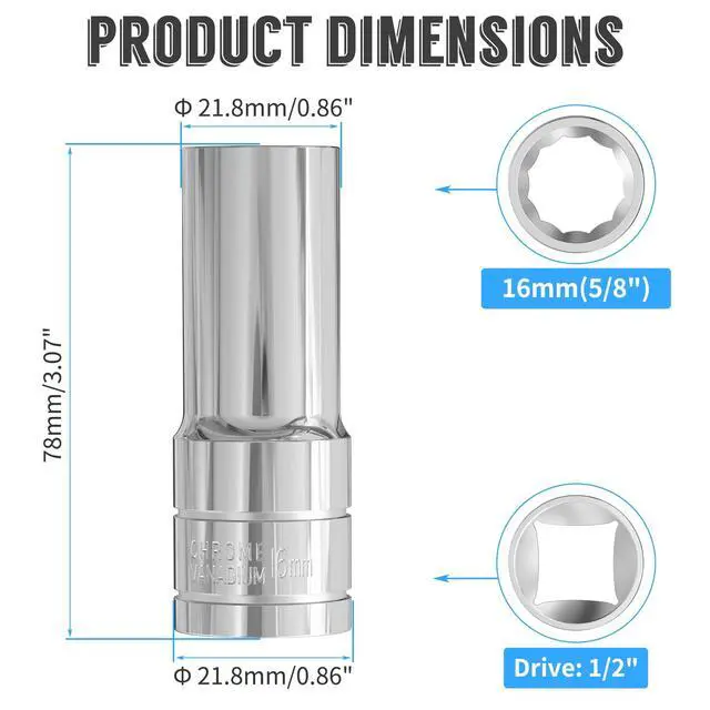 Alt view image 2 of 6 - 2PCS 16mm(5/8") Deep Socket, 1/2-Inch Drive, 12-Point, Metric, Heat Treated CR-V Steel Sockets, Full Polishing, 3.1" Length
