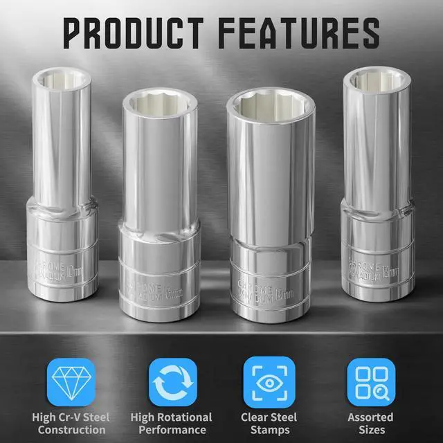 Alt view image 3 of 6 - 2PCS 16mm(5/8") Deep Socket, 1/2-Inch Drive, 12-Point, Metric, Heat Treated CR-V Steel Sockets, Full Polishing, 3.1" Length