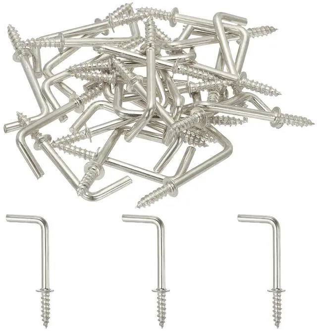 Main image of L-Shape Screw Hooks Brass Plated Steel 7 Shape Right Angle Medal Hooks, 1 Inch Fit for Hanging Home Workplace Office (30 Pcs, Silver)