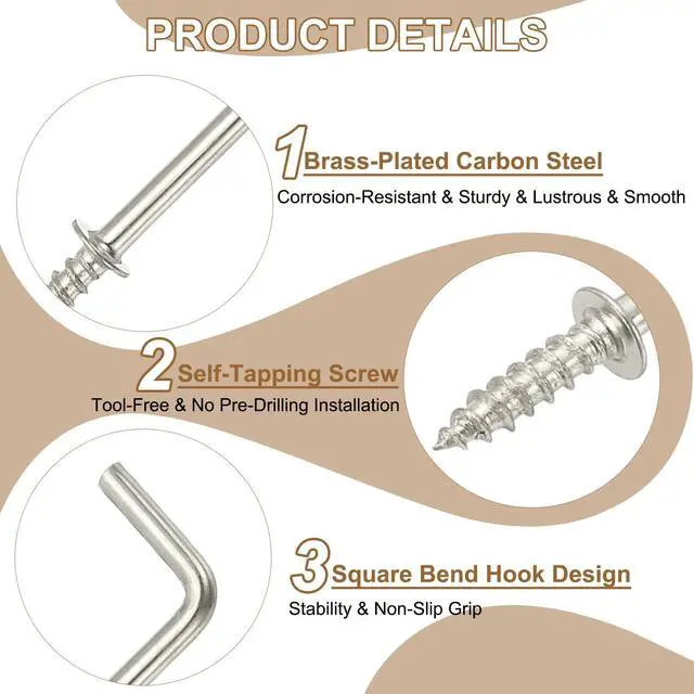 Alt view image 3 of 6 - L-Shape Screw Hooks Brass Plated Steel 7 Shape Right Angle Medal Hooks, 1 Inch Fit for Hanging Home Workplace Office (30 Pcs, Silver)