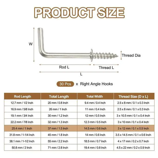 Alt view image 2 of 6 - L-Shape Screw Hooks Brass Plated Steel 7 Shape Right Angle Medal Hooks, 1 Inch Fit for Hanging Home Workplace Office (30 Pcs, Silver)