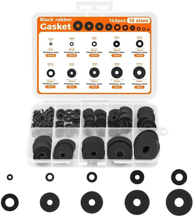 Main image of 143Pcs Flat Rubber Washers Assortment Kit, 10 Sizes 7/10/12/16/18/20/22/25/28/30mm Rubber Gasket, Suitable for Screws, Hoses, Tap Fittings, Pipes, Shower Hoses, Garden Bolts