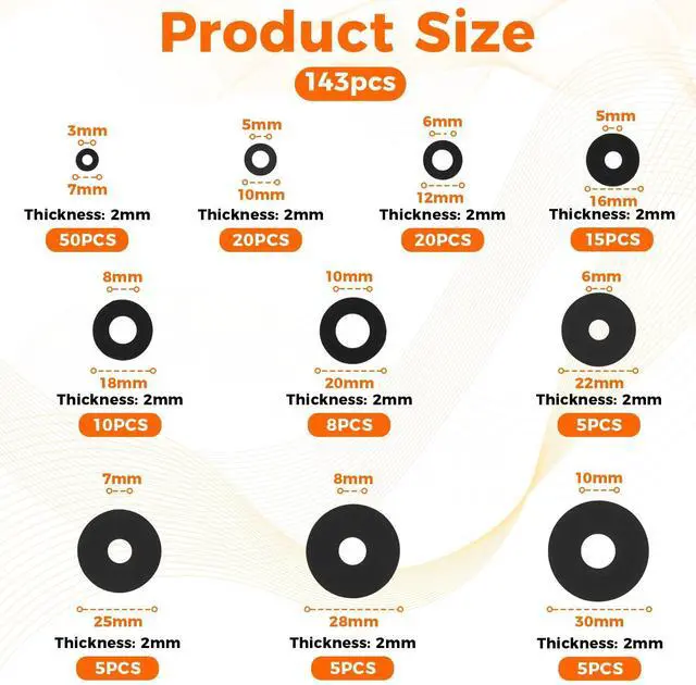 Alt view image 2 of 6 - 143Pcs Flat Rubber Washers Assortment Kit, 10 Sizes 7/10/12/16/18/20/22/25/28/30mm Rubber Gasket, Suitable for Screws, Hoses, Tap Fittings, Pipes, Shower Hoses, Garden Bolts