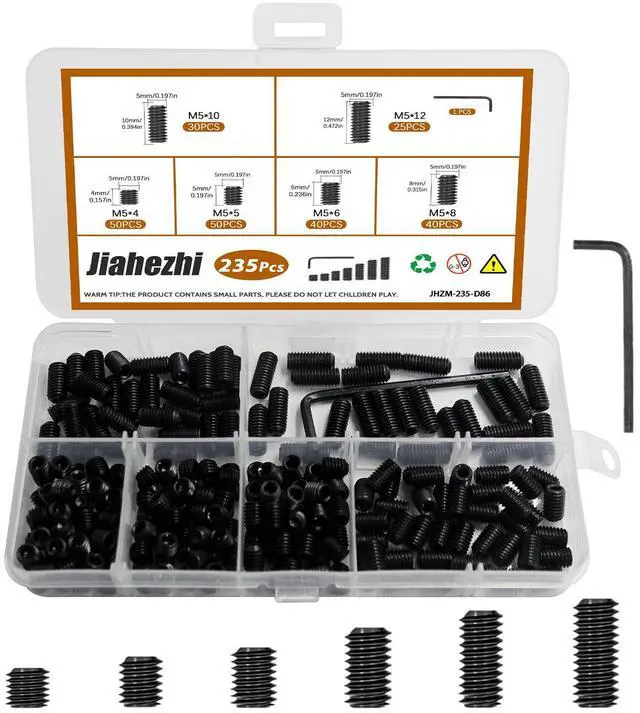 Main image of 235 Pcs M5 Set Screws Assortment Kit - 7 Sizes (4/5/6/8/10/12mm), 12.9 Grade Alloy Steel Hex Socket Screws for Door Knobs, Faucets, Bathroom Fixtures, Plumbing Hardware