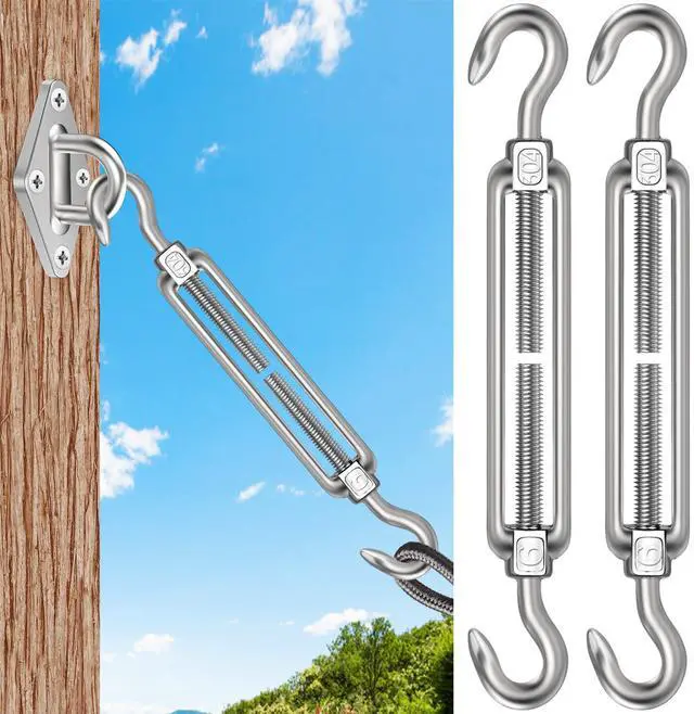Main image of 2PCS M8 Hook & Hook Turnbuckle 304 Stainless Steel,Silver Heavy Duty Turnbuckle for Wire Rope Tension,Sun Shade Tent Hardware