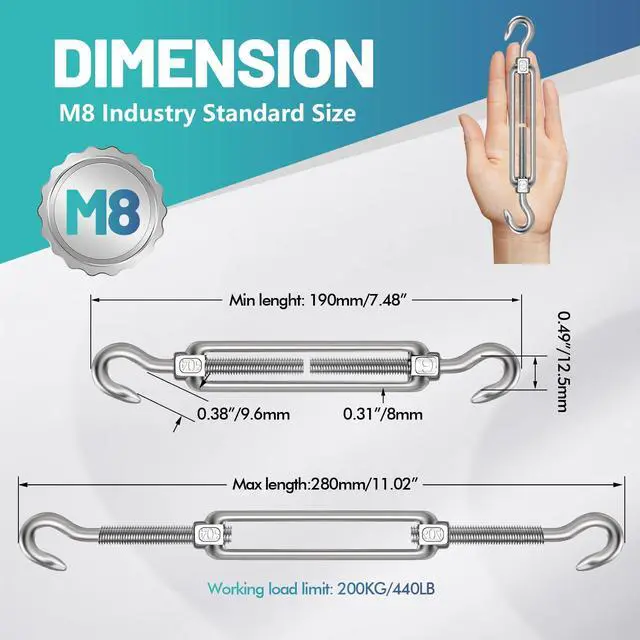 Alt view image 2 of 7 - 2PCS M8 Hook & Hook Turnbuckle 304 Stainless Steel,Silver Heavy Duty Turnbuckle for Wire Rope Tension,Sun Shade Tent Hardware