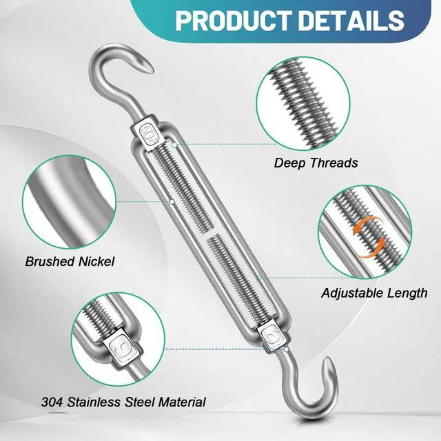 Alt view image 4 of 7 - 2PCS M8 Hook & Hook Turnbuckle 304 Stainless Steel,Silver Heavy Duty Turnbuckle for Wire Rope Tension,Sun Shade Tent Hardware