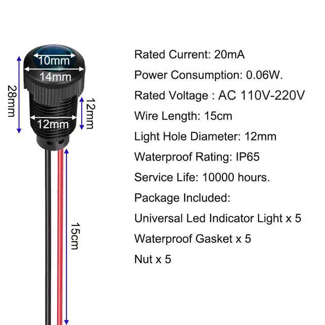 Alt view image 5 of 5 - 5pcs LED Plastic Indicator Pilot Light 110VAC Mounting Hole Size 12mm(Blue)