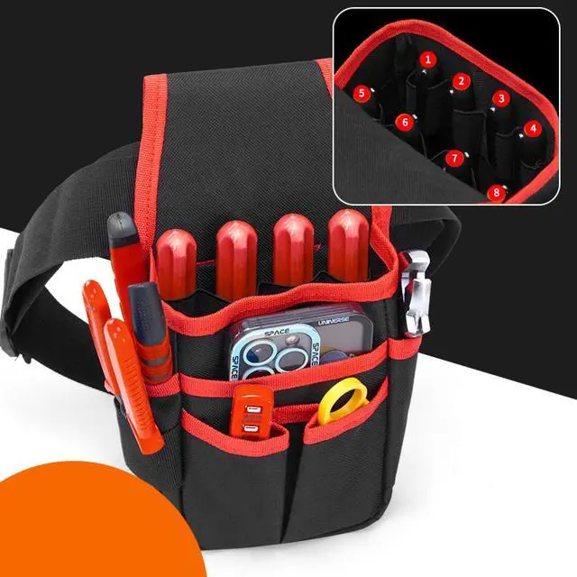 Alt view image 2 of 7 - Small Tool Pouch with Belt Clip, Tool Belt, Collapsible Tool Tote, Electrician Tool Pouch, Tool Belts for Men, Utility Pouch with Adjustable Belt for Electrician,Carpenter,Construction (Red)