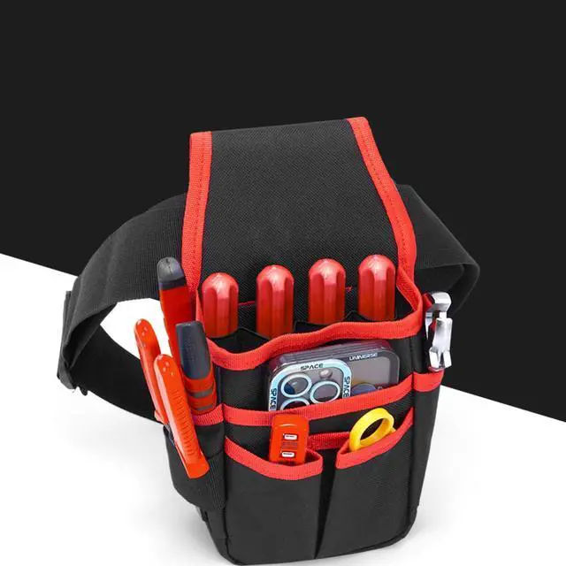 Alt view image 7 of 7 - Small Tool Pouch with Belt Clip, Tool Belt, Collapsible Tool Tote, Electrician Tool Pouch, Tool Belts for Men, Utility Pouch with Adjustable Belt for Electrician,Carpenter,Construction (Red)