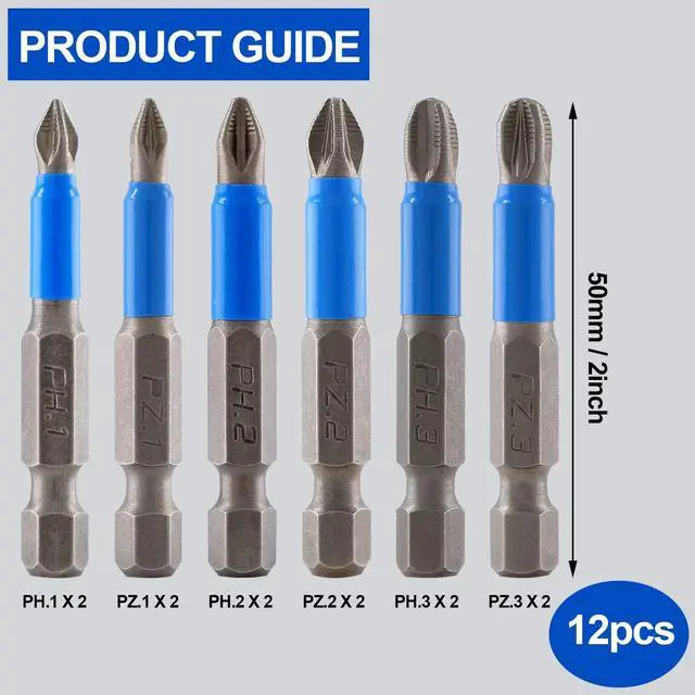 Alt view image 2 of 7 - 12 Pcs Magnetic Anti-Slip Screwdriver Bits Set, PH1 PH2 PH3 PZ1 PZ2 PZ3, Impact Driver Bit Set 1/4 Inch Hex Shank Phillips Screw Head Screwdriver Bits