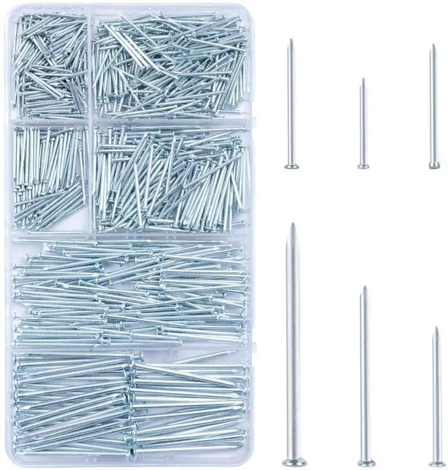 Main image of 700pcs Hardware Nails for Hanging Pictures, Up to 2"-Long Finish Nails Assortment Kit for Wall Art Decor, 640 Frame Nails and 60 Small Finishing Nails for Drywall Wood - Silver Picture Hangers