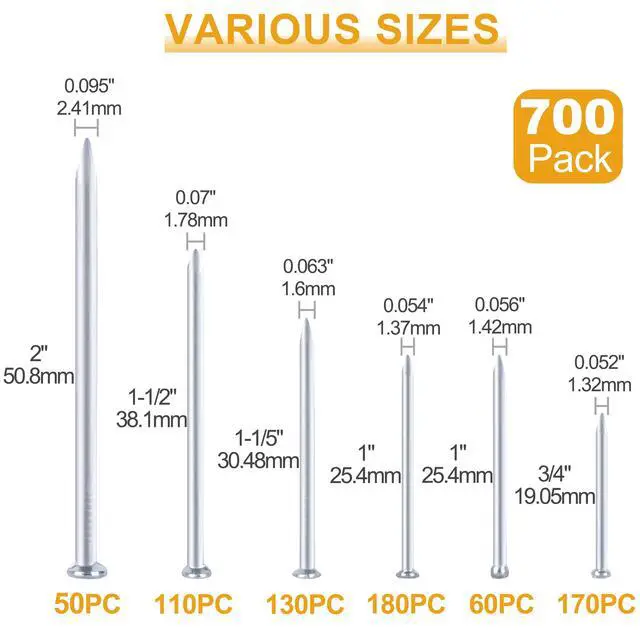 Alt view image 2 of 7 - 700pcs Hardware Nails for Hanging Pictures, Up to 2"-Long Finish Nails Assortment Kit for Wall Art Decor, 640 Frame Nails and 60 Small Finishing Nails for Drywall Wood - Silver Picture Hangers
