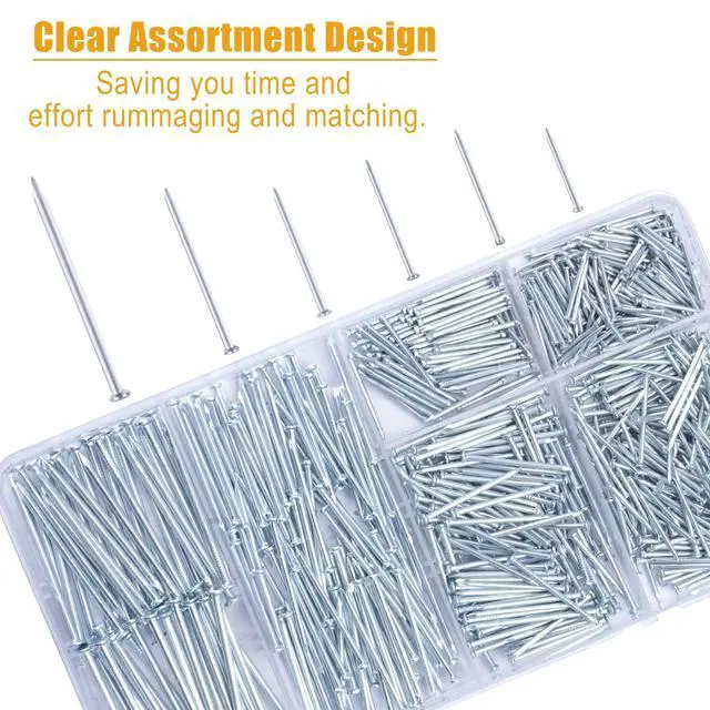 Alt view image 3 of 7 - 700pcs Hardware Nails for Hanging Pictures, Up to 2"-Long Finish Nails Assortment Kit for Wall Art Decor, 640 Frame Nails and 60 Small Finishing Nails for Drywall Wood - Silver Picture Hangers