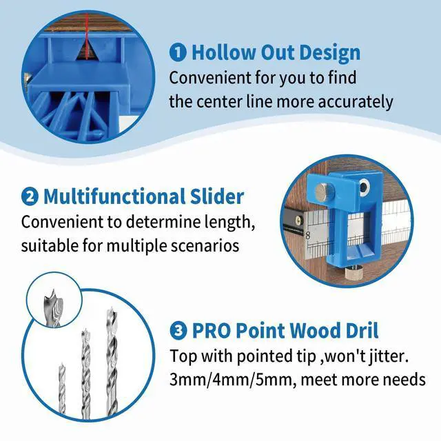 Alt view image 3 of 6 - Cabinet Hardware Jig&3pcs Point Wood Drill Bits